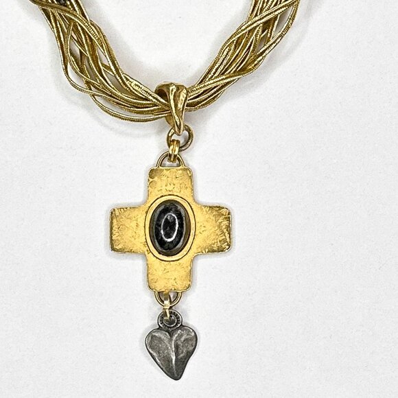 Robert Rose Faux Gold Cross Necklace Oval Stone Heart Multi Strands‎ Length 14" - Picture 2 of 14